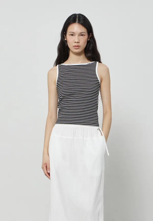 STRIPE BOAT NECK SLEEVELESS TOP - BLACK