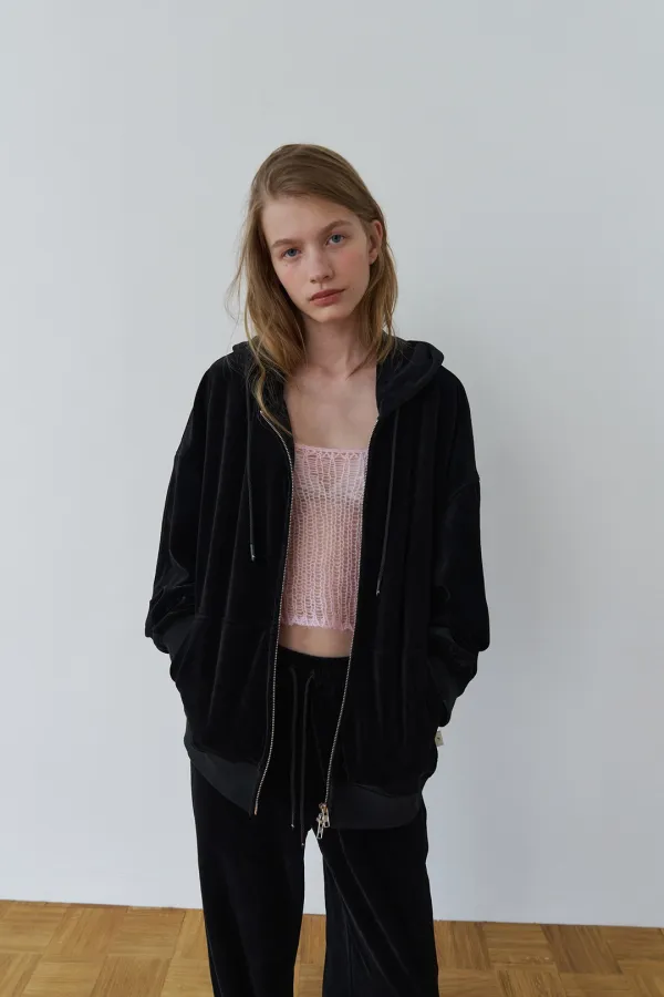 VELVET TEXTURED ZIP-UP HOODIE_BLACK
