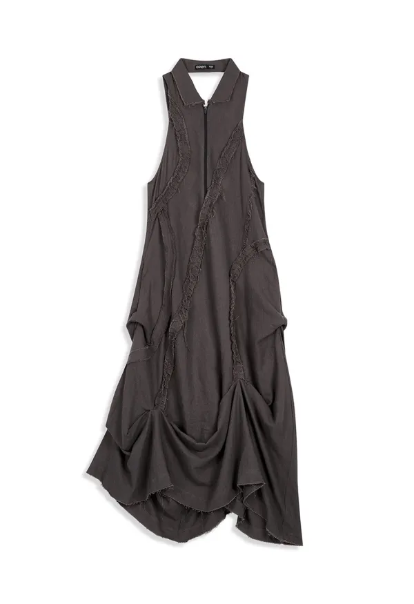 RUFFLE LINEN MAXI DRESS, CHARCOAL