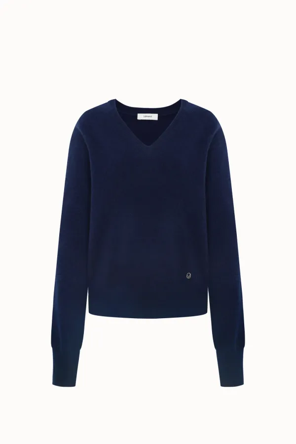 Cashmere 30% V-neck Knit Top[LMBEAU24KN257]-Navy