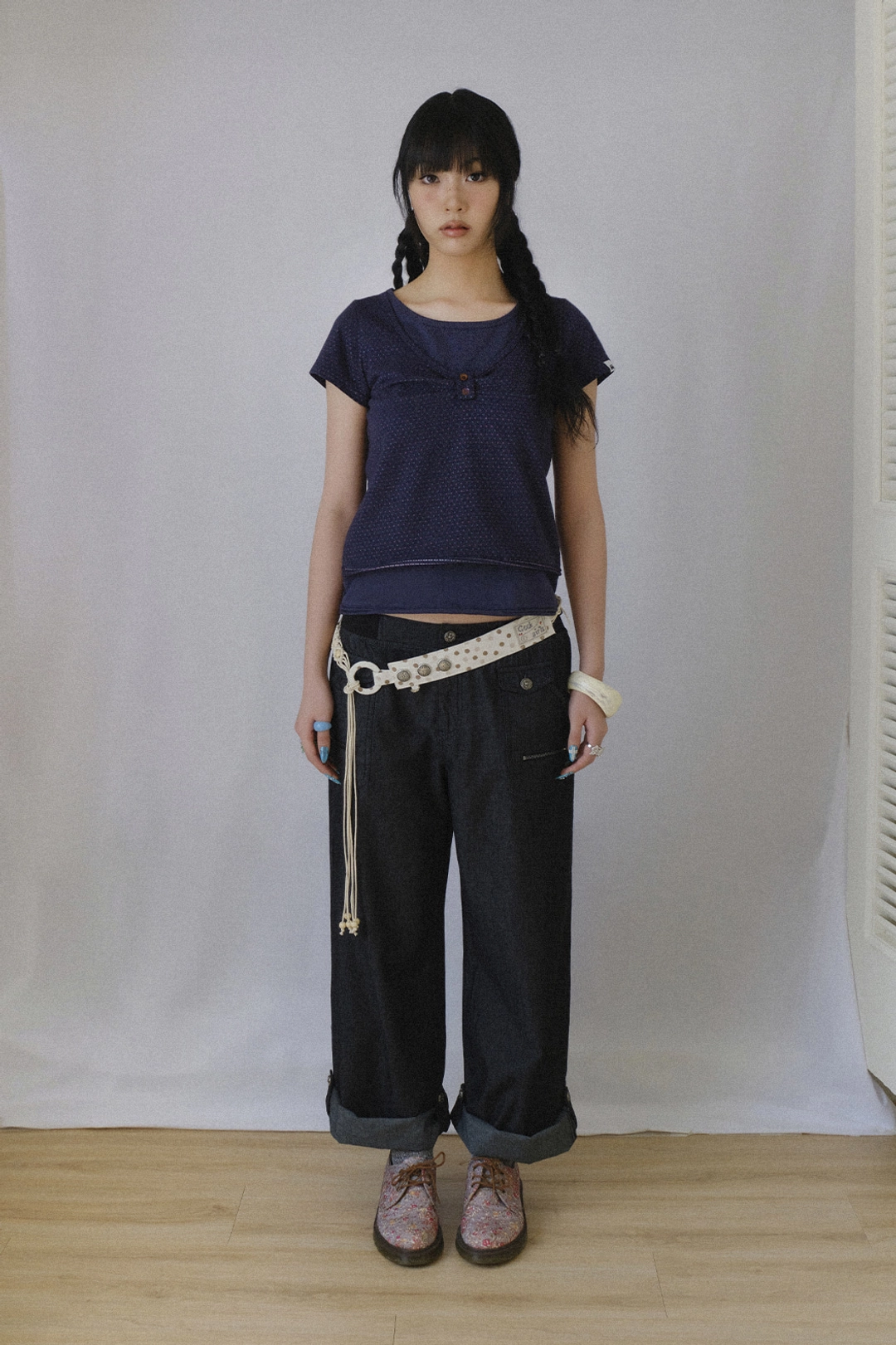허그유어스킨 Layered henry neck top (Navy) 상품 이미지 2