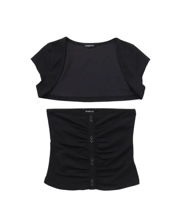 SHIRRING BUTTON SHORT SLEEVE BLACK