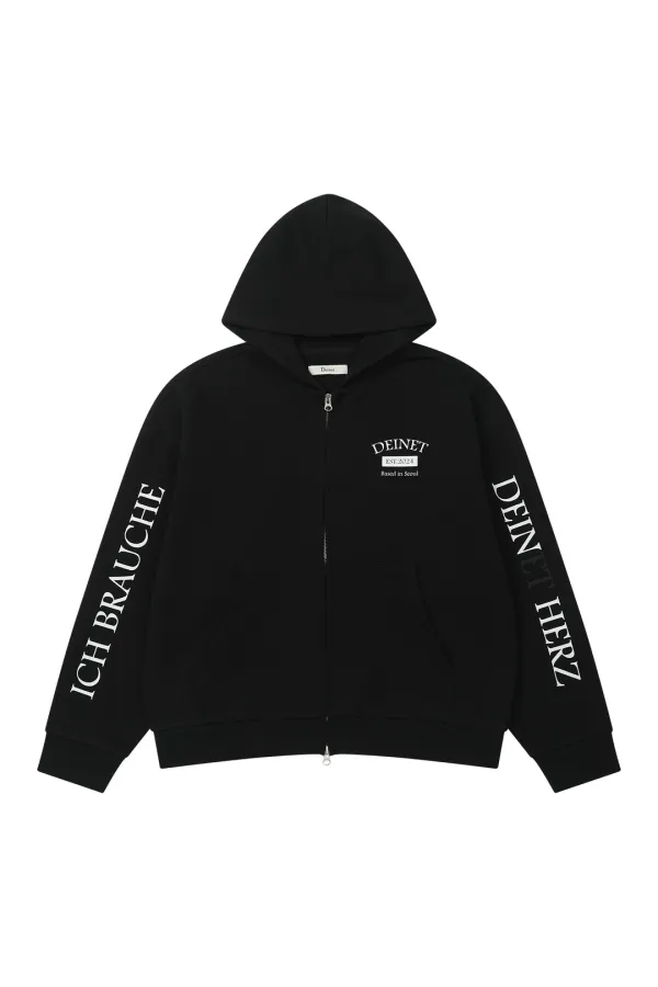 GERMAN LETTERING HOODIE ZIP-UP IN BLACK