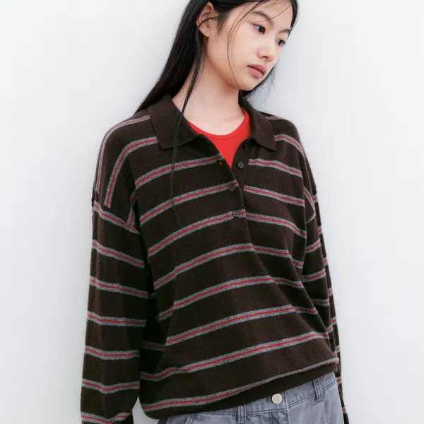 (T-7304)WOOL STRIPE COLLAR LOOSE FIT KNIT