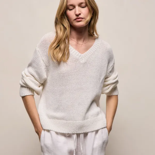 Cotton Linen V Neck Boxy Sweater - Off White