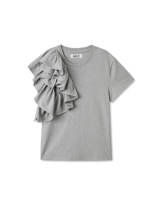 ASYMMETRIC RUFFLED T-SHIRT (GRAY)