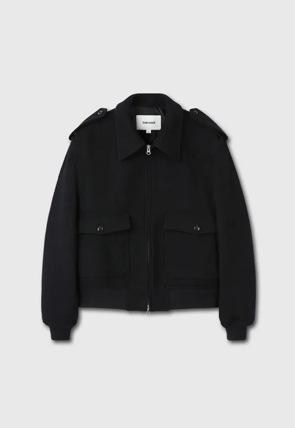 Felted Wool Epaulet Bomber Jacket_ Black