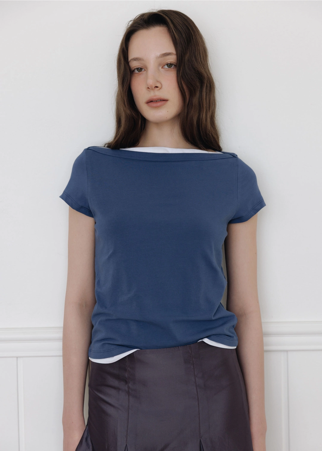 더라이 Boat-Neck Shoulder T-shirt(Blue) 상품 이미지 2