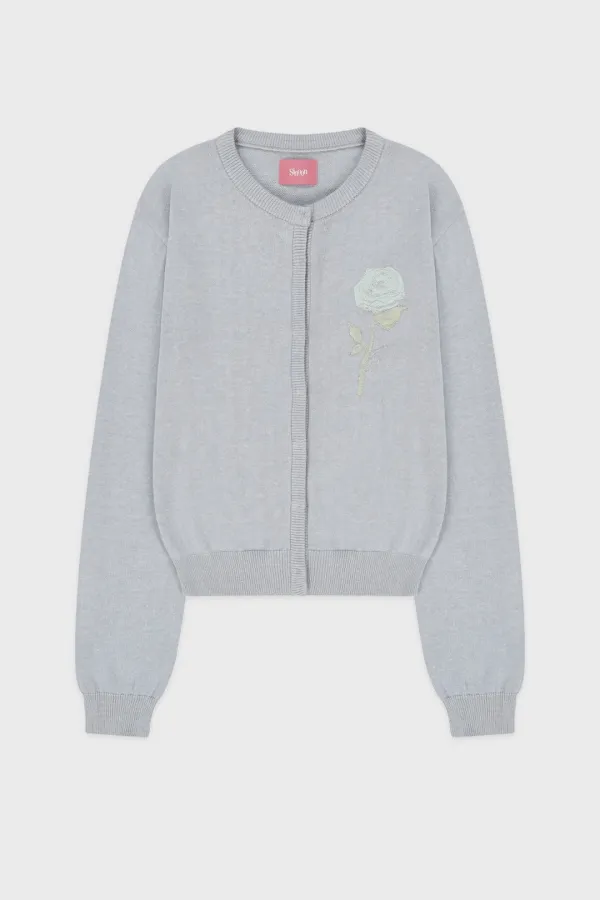 Embroidered Rose Cardigan (Greyish Blue)