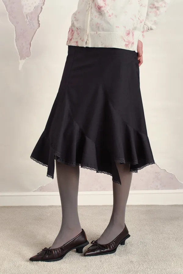 ASYMMETRIC LACE MIDI SKIRT, CHARCOAL