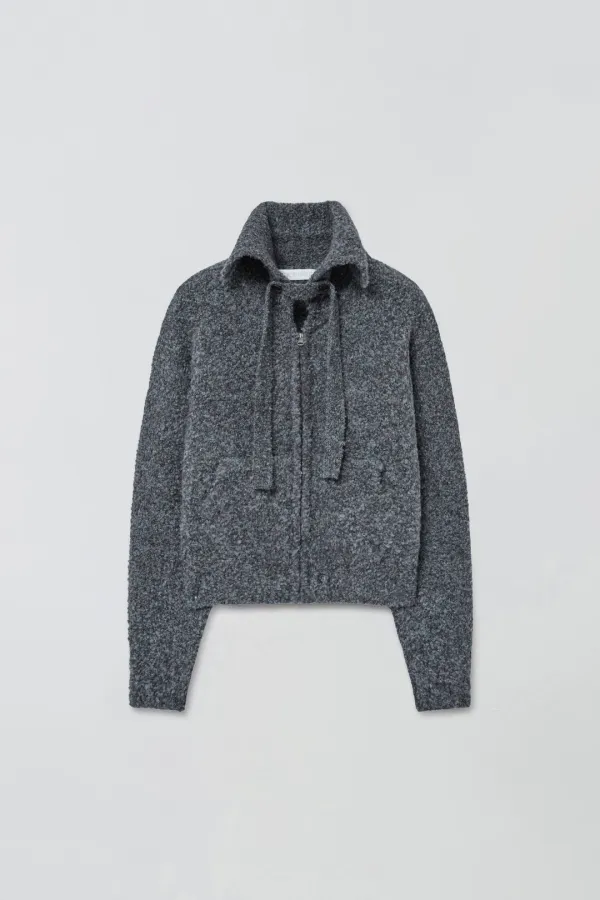 TIE SET COZY BOUCLE KNIT ZIP-UP_CHARCOAL BLUE