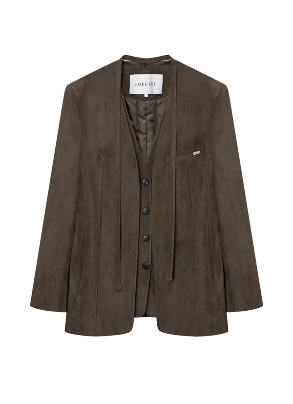 Faux Suede Collarless Layered Jacket SL5XJ938-B8