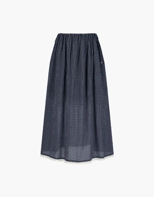 check shirring long skirt - navy