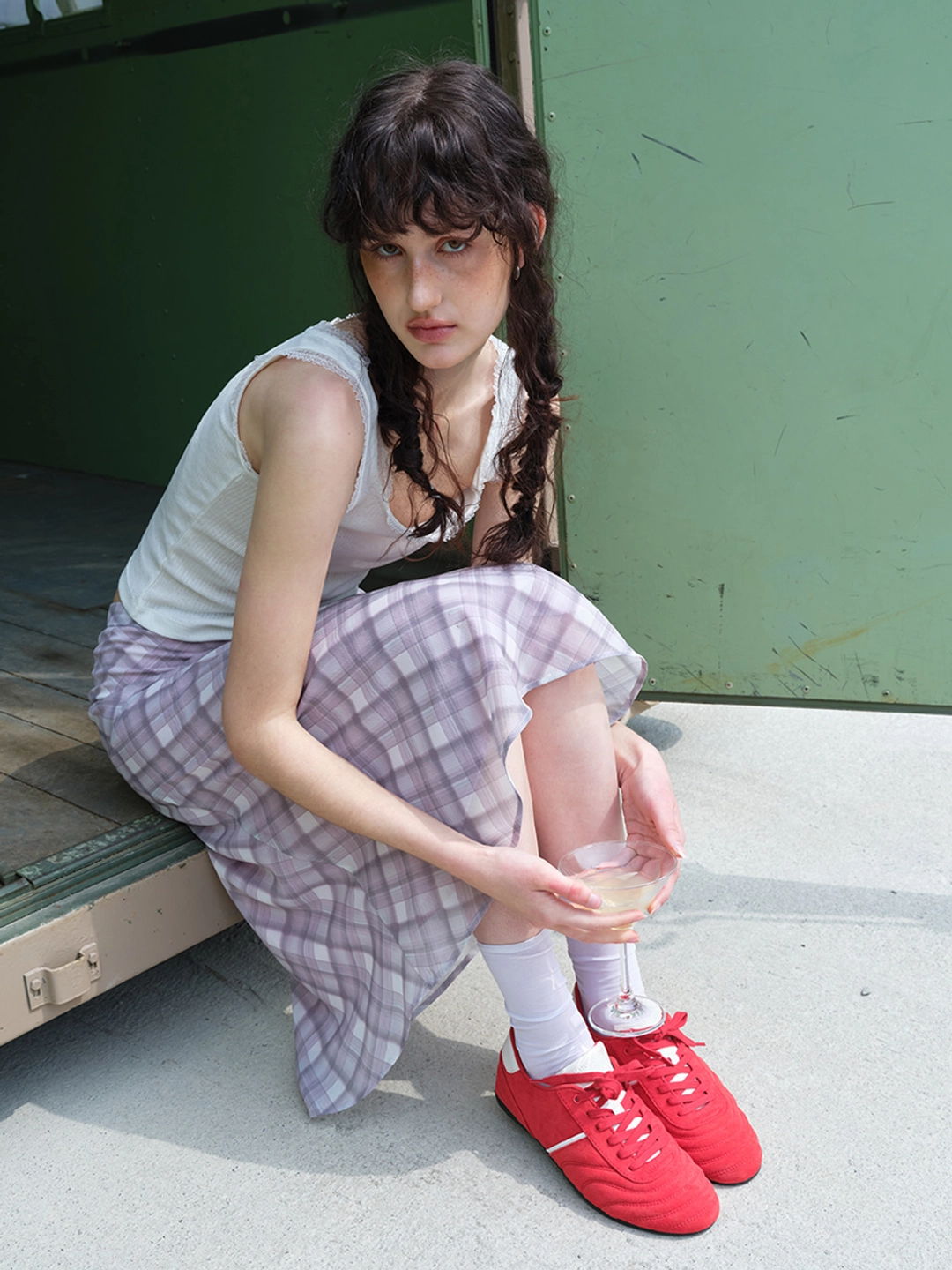 에트몽 Check Midi Skirt, Pink 상품 이미지 2