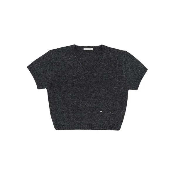 Soft V-Neck Short Sleeve Knit Top (fuzzy charcoal)