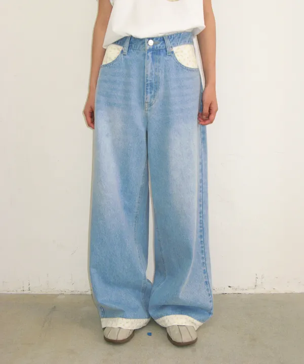 FLORAL LINED WIDE DENIM PANTS LIGHT BLUE