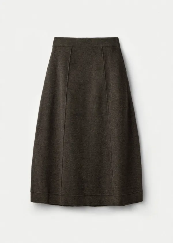 Wool raccoon double faced barrel silhouette skirt_Dark olive