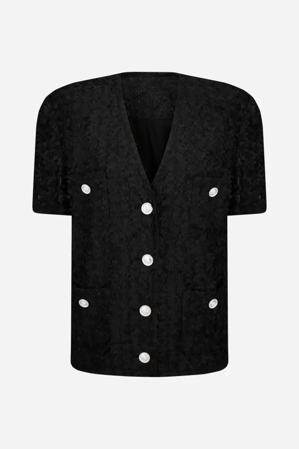 25SS pleat tweed v-neck jacket