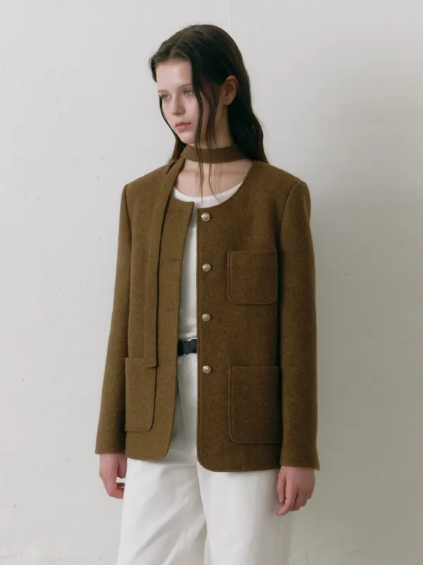 Boucle Single Long Jacket Camel