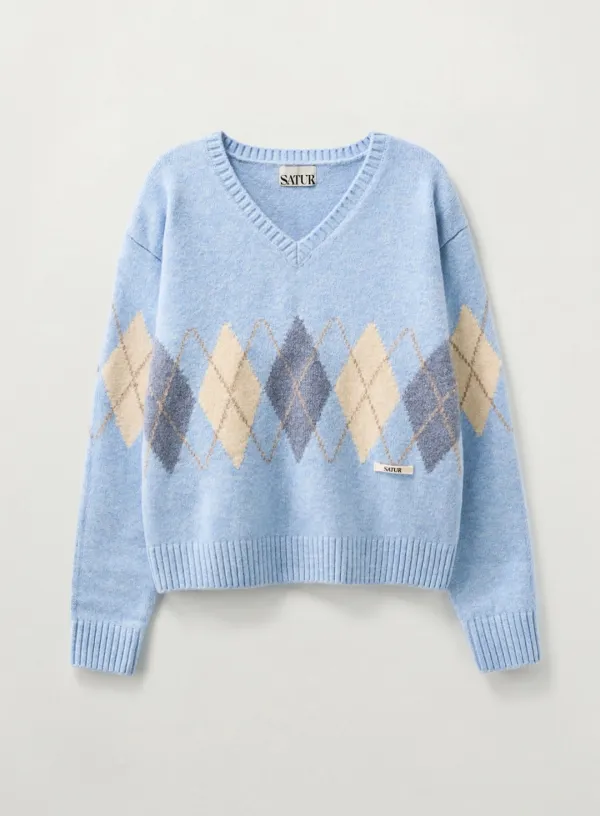 (W) Argyle V-Neck Pullover Knit - Sky Blue