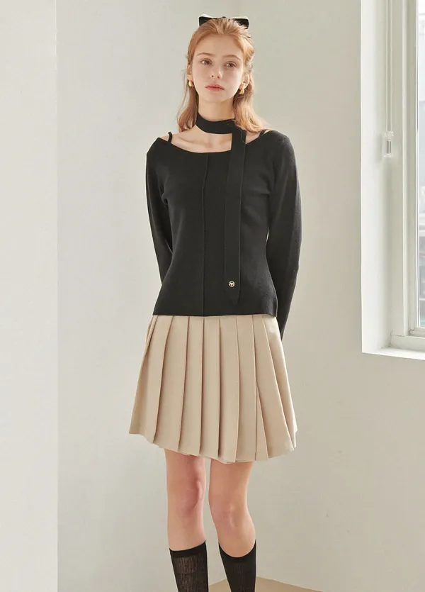  [44-120]  Harmonious Tie Set Slit Knit Black  하모니어스 타이 세트 슬릿 니트 블랙 (봄-가을-하객룩-격식룩-로맨틱-출근룩-오피스룩-데일리룩-데이트룩-보트넥-타이-뒷슬릿-빅사이즈-자체제작) 