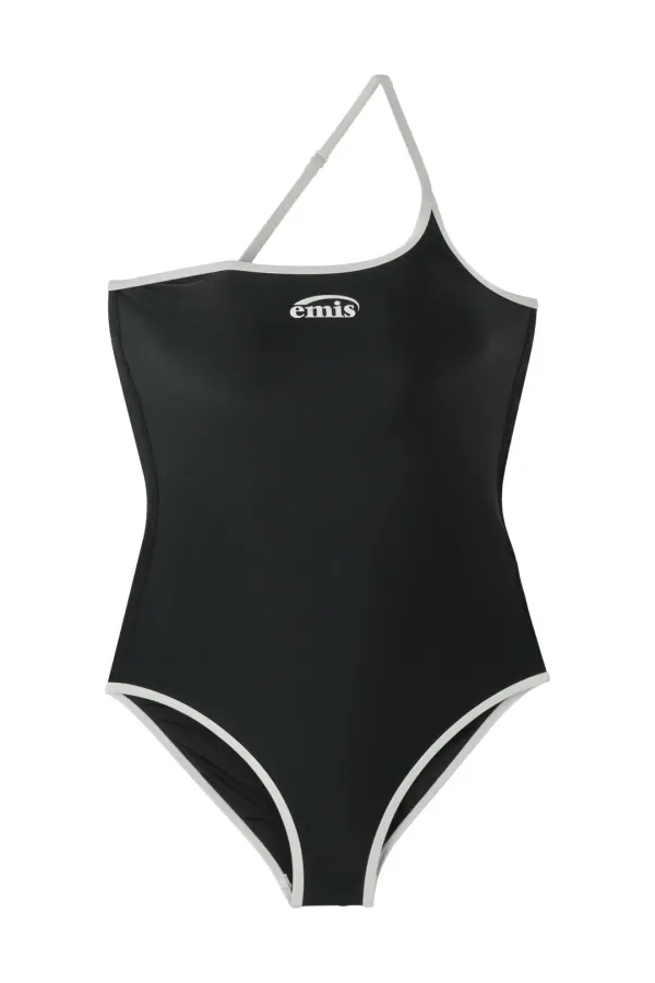 LOGO ONE-SHOULDER SWIMSUIT-BLACK