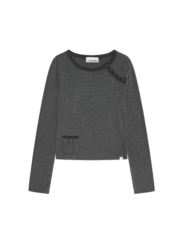 STRIPE BUTTON POCKET LONG SLEEVE [CHARCOAL]