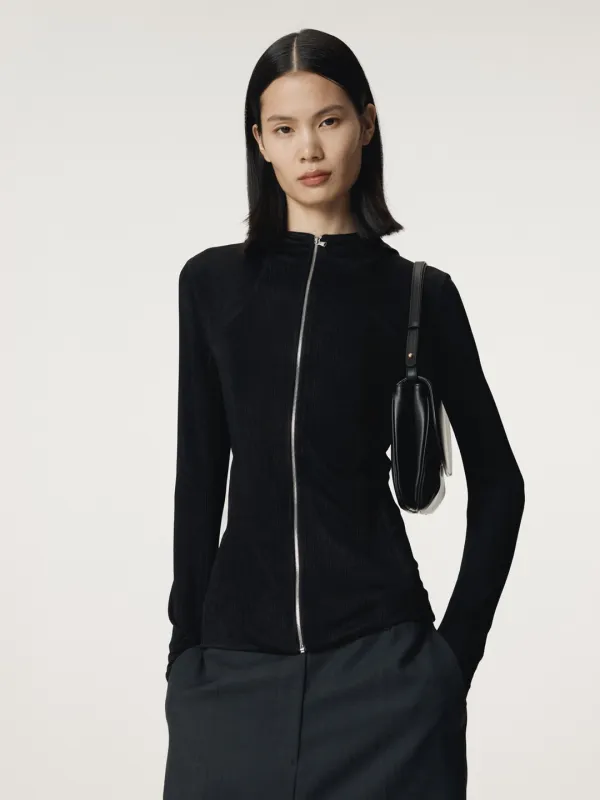SHEER JERSEY FITTED ZIP HOODIE (BLACK)