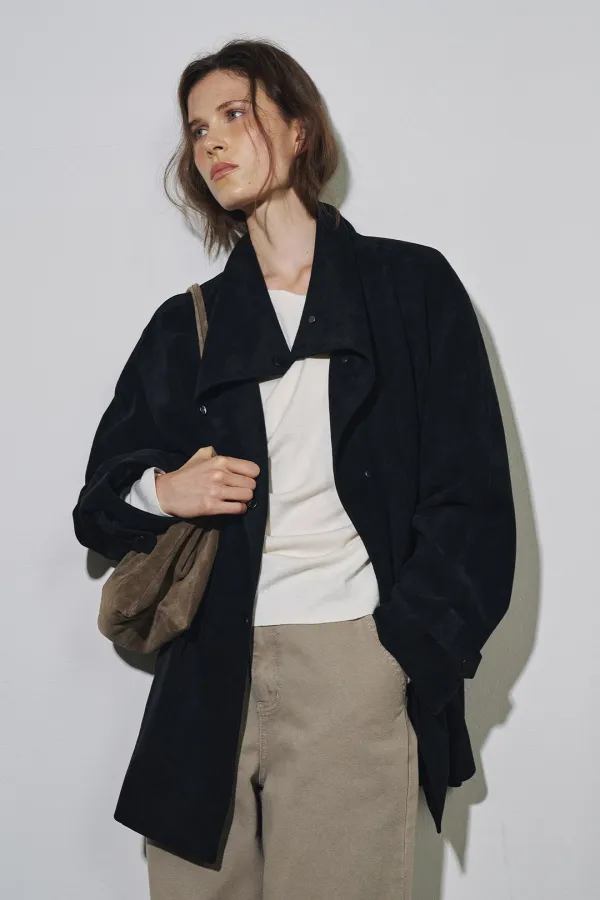 Nonfade Suede High-Neck Half Jacket [LMBFAUJK115]-Black