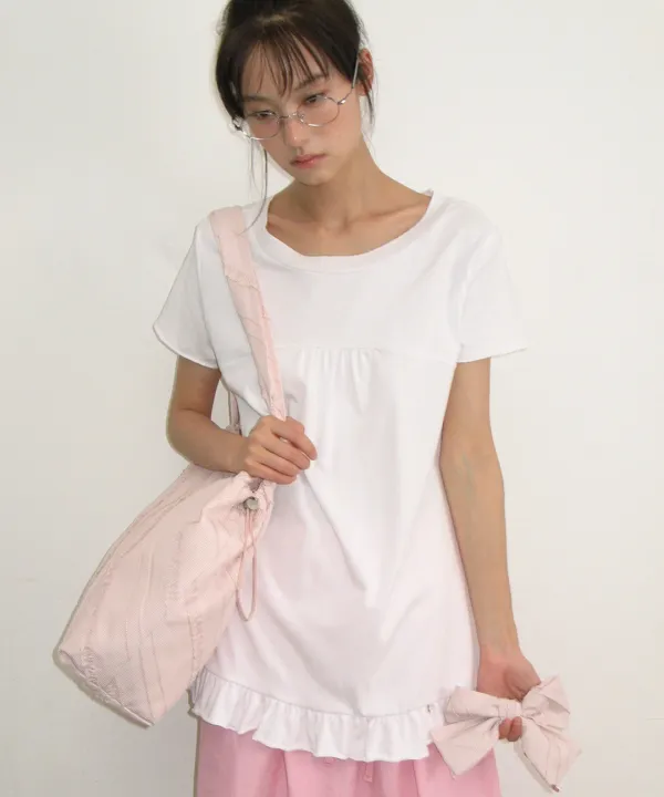 STRING SHIRRING RUFFLE T SHIRT WHITE