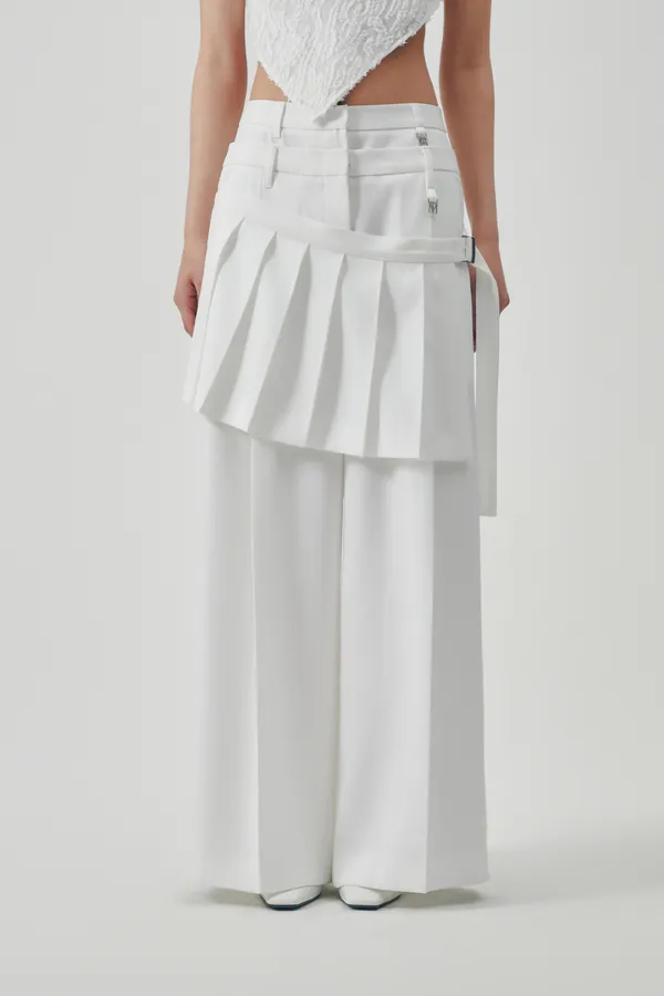Flowing Pleated Layered Pants [ White ]