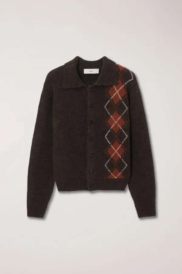 UNISEX OPEN COLLAR ARGYLE KNIT CARDIGAN KHAKI