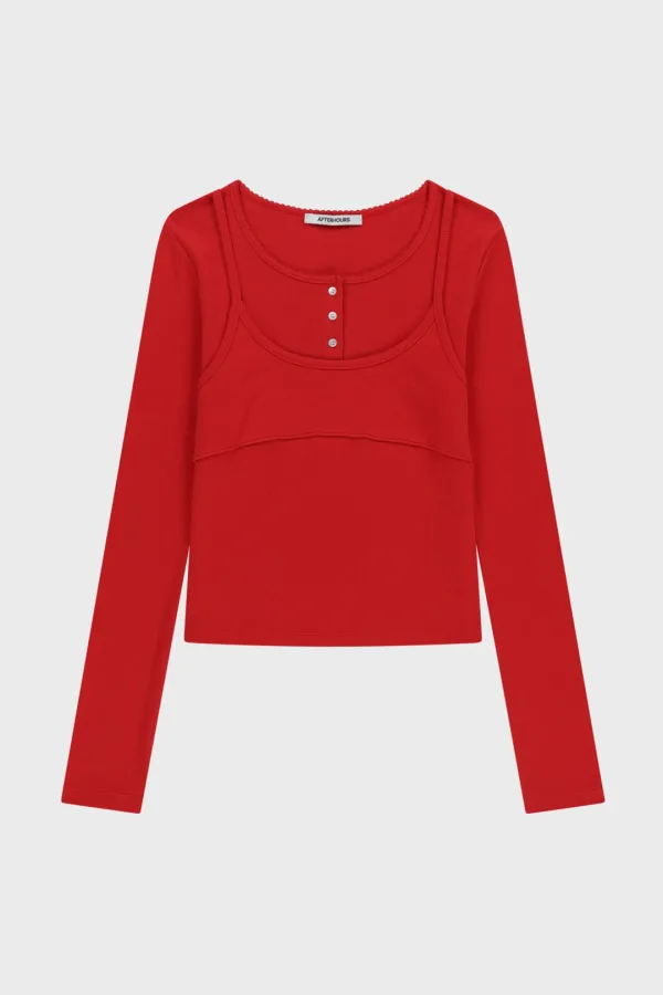 HENLEY NECK LAYERED LONG SLEEVE TOP (RED)