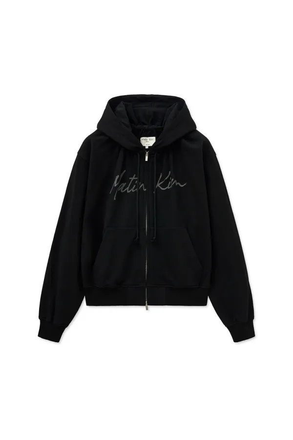 DRAWSTRING POINT ZIP UP HOODY IN BLACK
