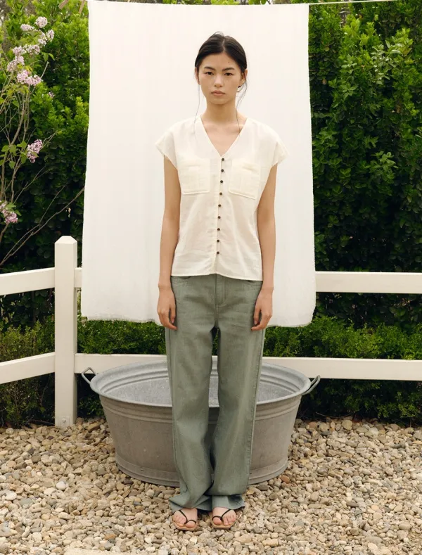 DOUBLE GAUZE POCKET V-NECK SHIRT [IVORY]