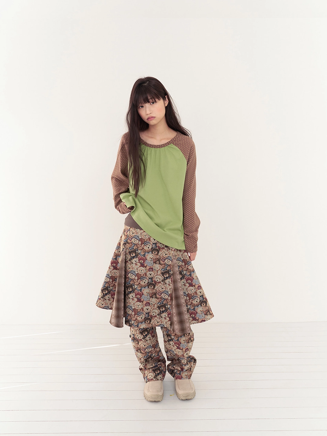 무음 Patchwork Flare Skirt (Brown) 상품 이미지 2