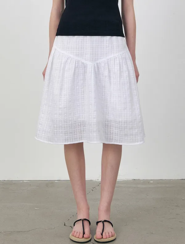 Check textured yoke gathered midi skirt_Ivory