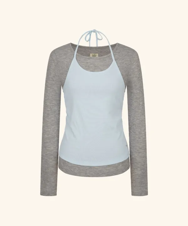 Shirring Halter-Neck Layered T-Shirt ( Grey )