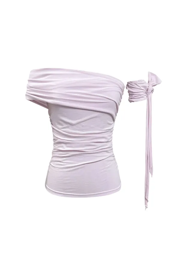 RIA ONE-SHOULDER SHIRRING TOP / PALE LAVENDER