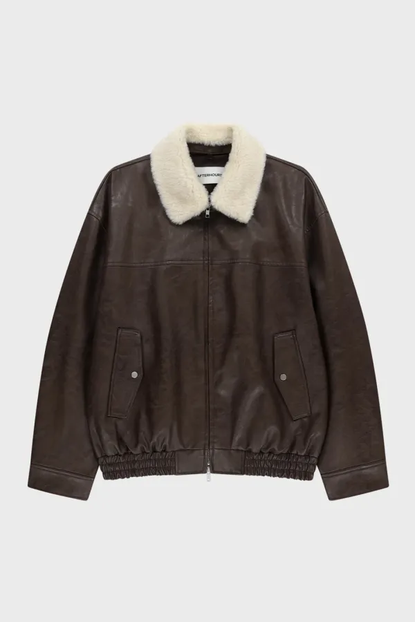 DETACHABLE FUR COLLAR LEATHER BLOUSON (BROWN)