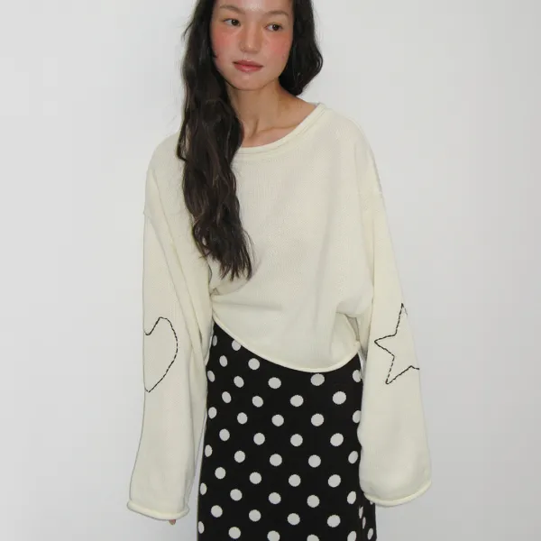 HEART STAR HAND STITCH OVERFIT CROP KNIT IVORY