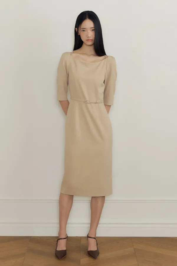 Thalia Belted Boatneck Dress (beige)