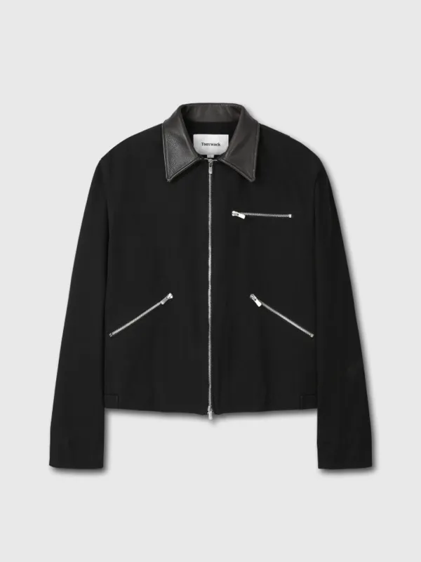 WASHED LEATHER COLLAR WORK JACKET_ BLACK