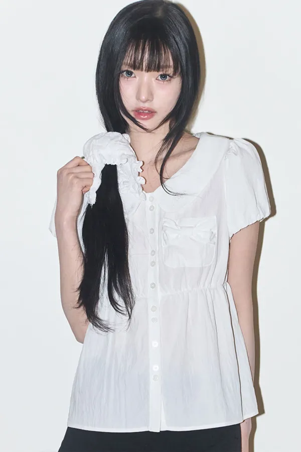 포밍 리본 퍼프 블라우스 화이트