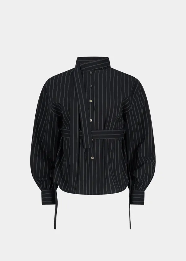 W STRIPED SCARF BLOUSE - BLACK
