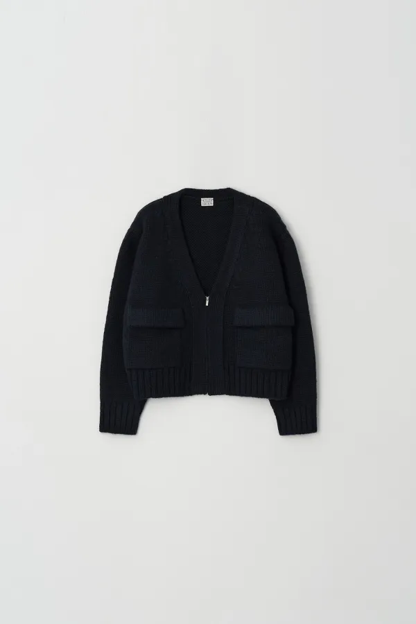 Flower-Patch Elbow Zip-Up Cardigan (navy)