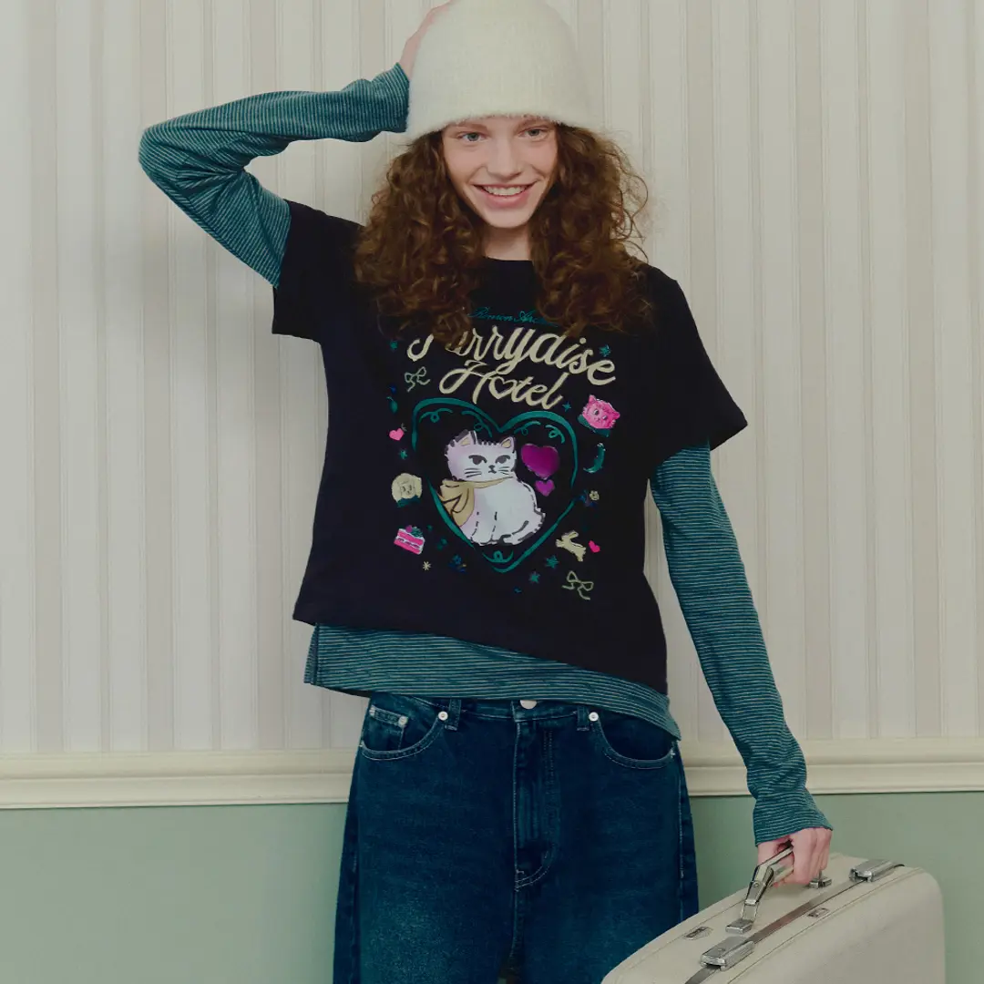론론 CRAYON FURRY CAT LAYERED LONG SLEEVE NAVY 상품 이미지 1