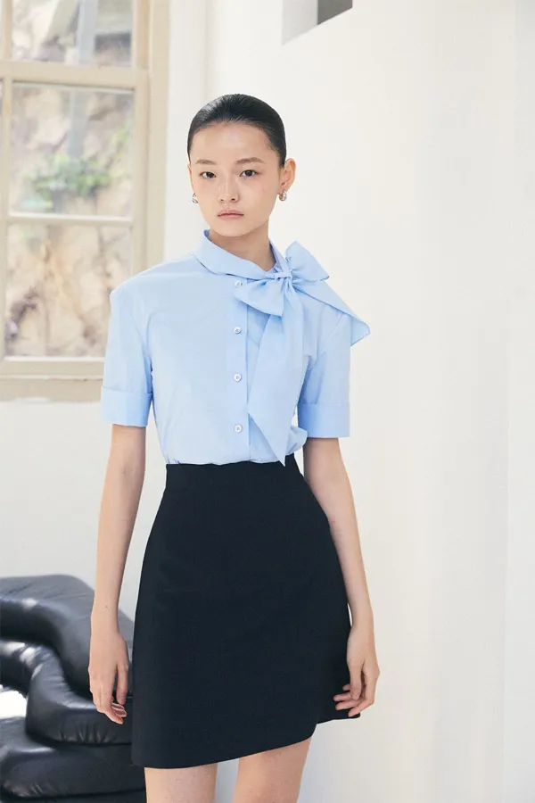 COTTON SHORT SLEEVE TIE BLOUSE