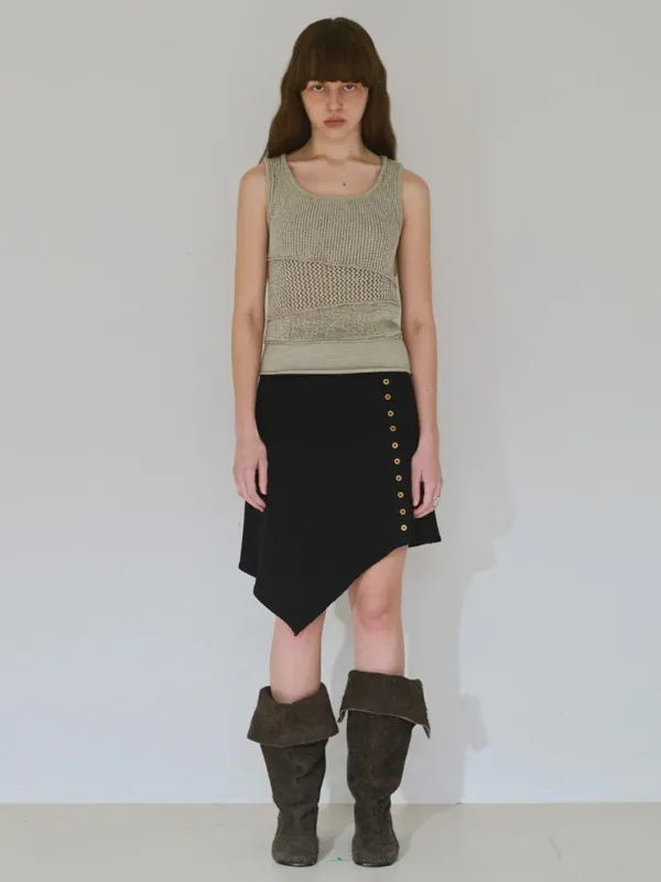 Ribbed Button Mini Skirt [Black]