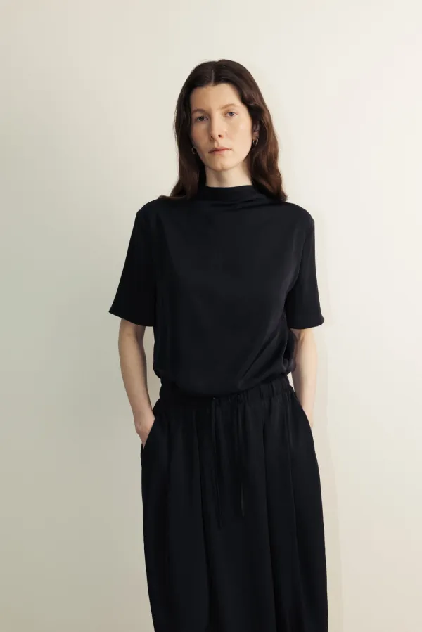 Silk blend half neck Blouse _midnight black
